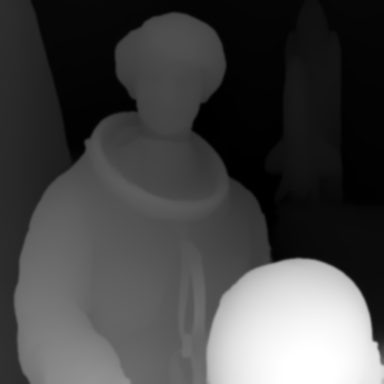 The same photo as a grey depth map: the astronaut and the helmet in front are light, the wall behind is dark