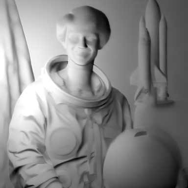 A grey image of the astronaut lit from the left like a plaster cast, with no colour and no cast shadows