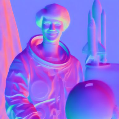 The same photo as a normal map in purple, pink and green, with the nose, cheeks and folds of the suit clearly drawn